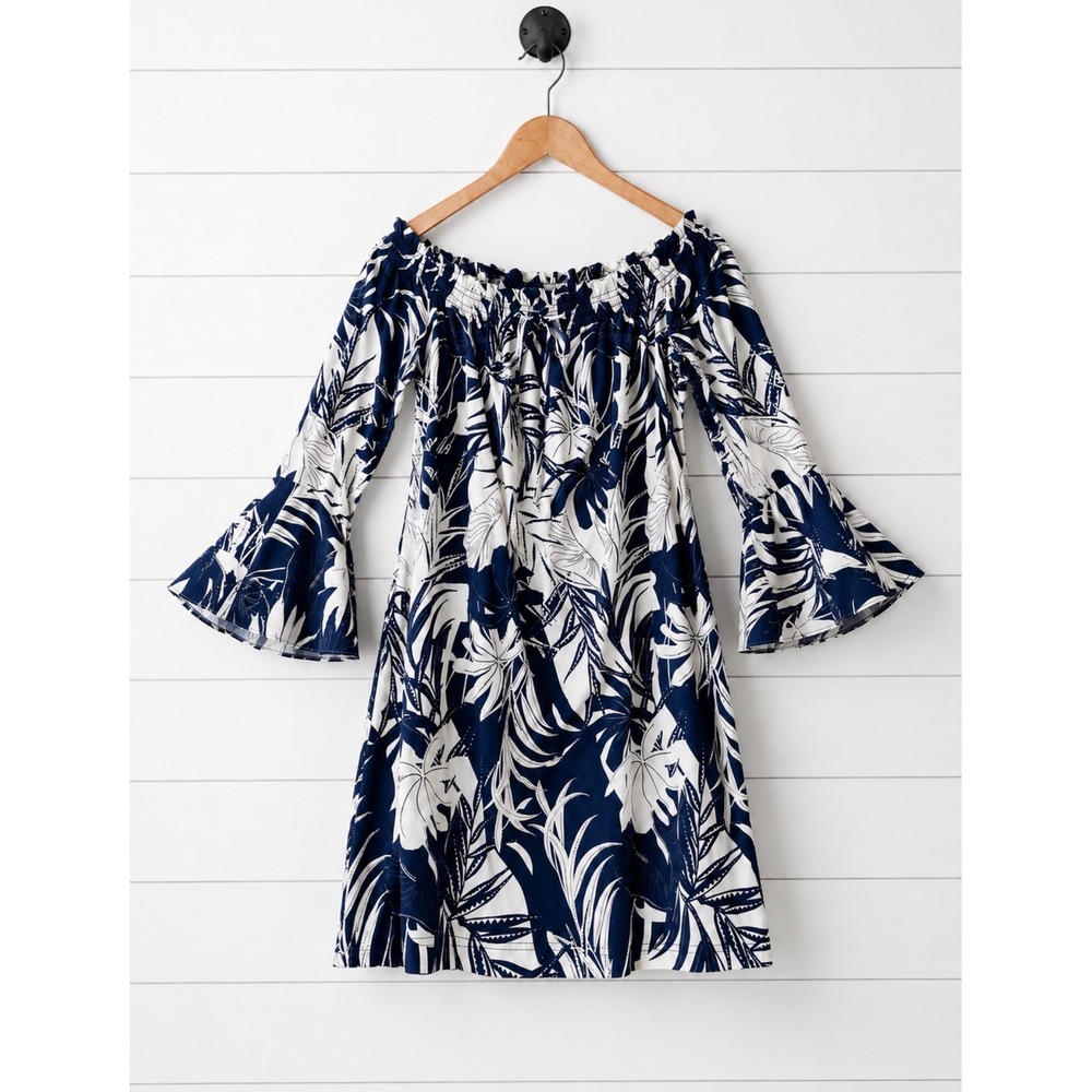 La Mer Luxe Navy White Tropical Palm Off The Shoulder Bell Sleeve Mini Dress L